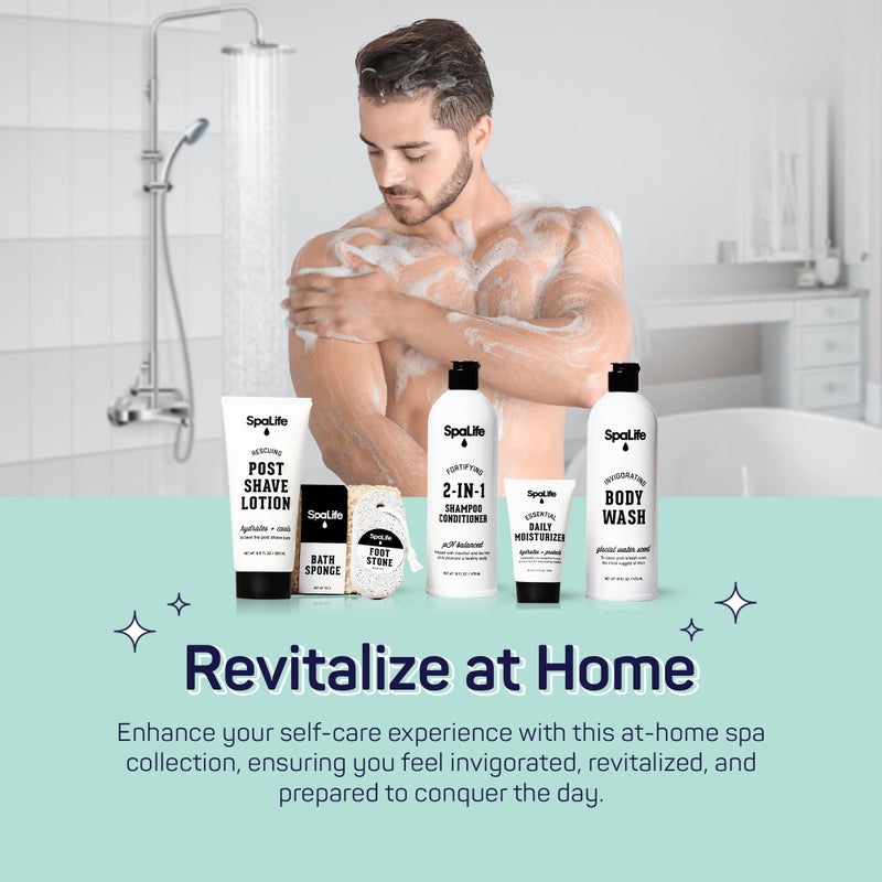 SpaLife 7-Piece Men's Body Care Gift Set | Mens Gift Set with 2-in-1 Shampoo & Conditioner, Body Wash, Moisturizer, Post-Shave Lotion, Sponge & Foot Stone | Christmas Gifts for Men | 7-Piece Bundle - Image 5
